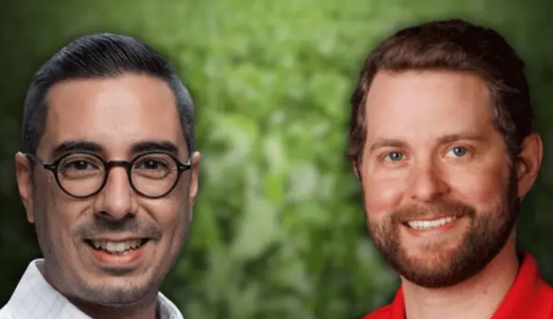 Photos of two men with an image of blurry soybeans in the background.